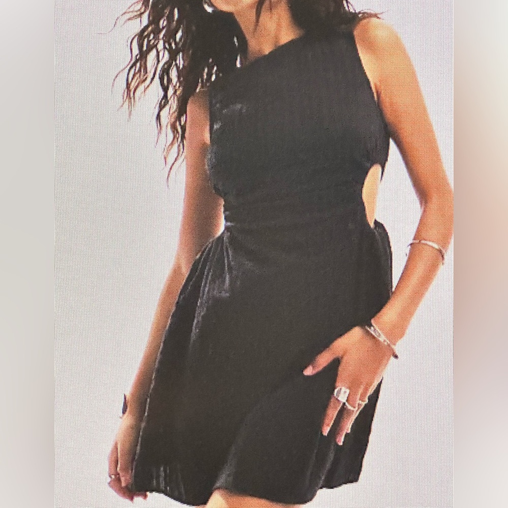 Monki Black seersucker ruched cotton cut out dress NWT